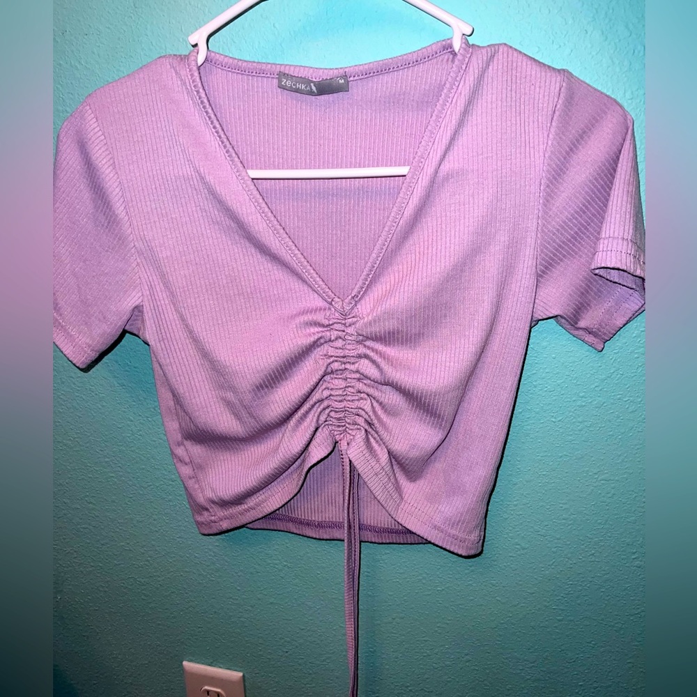 Zechka lavender ruched drawstring crop top